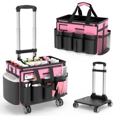 Imagem de MUNNAR Organizador de limpeza com rodas – bolsa de limpeza com rodinhas com carrinho removível, suporte de limpeza para suprimentos de limpeza, bolsa de limpeza para governantas, rosa