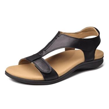 Imagem de Merking Sandálias femininas ortopédicas com suporte de arco ortopédicas confortáveis com bico aberto - sapatos rasos de verão para caminhadas casuais, Preto, 35