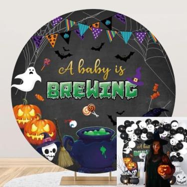 Imagem de OERJU Capa de fundo redonda para chá de bebê de Halloween A Baby is Brewing Baby Shower Photography Background Pumpkin Ghost Bat Tema Halloween chá de bebê recém-nascido decoração de festa cenário de