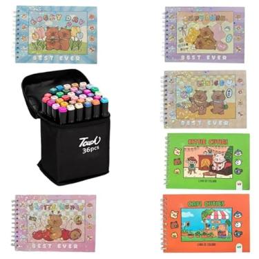 Imagem de Kit Caneta Ponta Dupla Estojo 36 Cores + Caderno Para Colorir