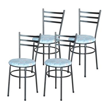 Imagem de Conjunto 4 Cadeiras Para Cozinha Epoxi Preta Craqueada Assento Floral Gelo