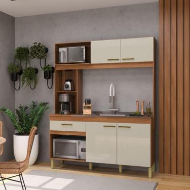 Imagem de Armário De Cozinha Compacta Fidelitá Xangai 160cm 4 Portas 1 Gaveta Sem Tampo e Fundo Freijó/Off-White