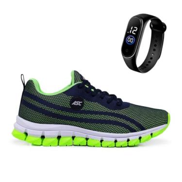 Imagem de Tênis Masculino Ascension + Relogio Digital Fino Leve, Macio e Confortável – Para Caminhada, Corrida, Academia e Uso Diário | Estilo Esportivo e Urbano (Marinho e Verde, BR, Adulto, Numérico, 41)