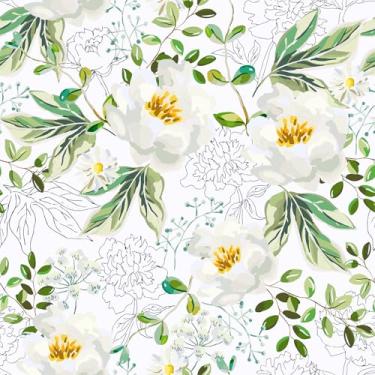Imagem de FANCYEASY Papel de parede floral peônia branca descasque e cole papel de parede de folha verde para quarto, autoadesivo, flor branca, papel de contato para gavetas, gavetas, flores removíveis, murais