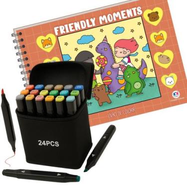 Imagem de KIT Livro Friendly Moments Capa Dura Colorir e 24 Canetas Touch Pontas
