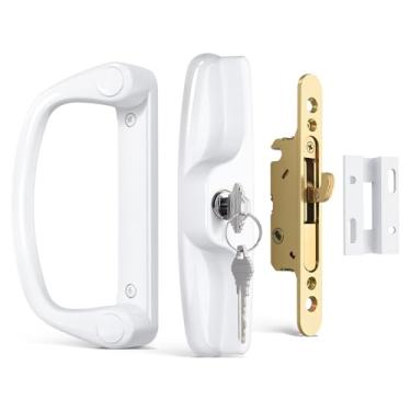 Imagem de Probrico Conjunto de maçanetas de porta deslizante com encaixe e fixador, maçanetas de porta de vidro deslizante de pátio com chave, conjunto de trava de maçaneta branca serve para espessura de porta