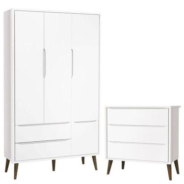 Imagem de Cômoda Infantil Gaveteiro E Guarda Roupa 3 Portas Theo Branco Acetinado Com Pés Amadeirado ? Reller