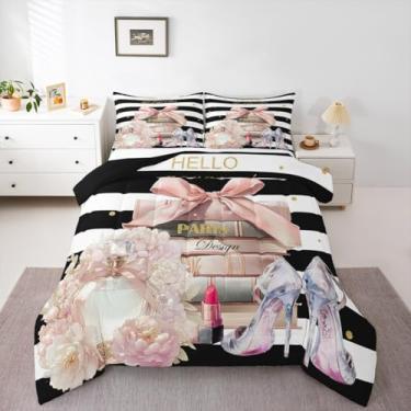 Imagem de jejeloiu Conjunto de edredom moderno, rosa, tamanho casal, listrado, preto, branco, floral, respirável, perfume, livros, decoração de quarto, 1 edredom com 2 fronhas