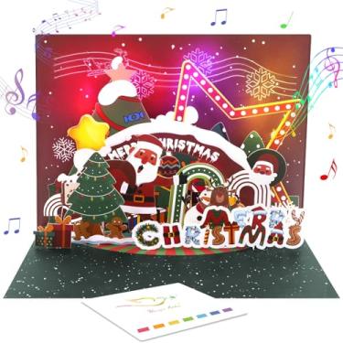 Imagem de Magic Ants Cartão pop up musical de Natal com luzes para crianças e família – Cartão comemorativo de Natal com luz de trenó de Papai Noel 3D com música "Merry Christmas", inclui envelope e cartão de