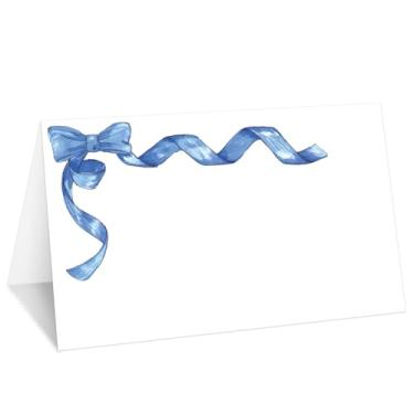 Imagem de Blue Bow Place Cards, conjunto de 25 cartões de nome de barraca aquarela para configuração de mesa, etiqueta de comida para casamento, chá de bebê, artigos de festa de jantar de aniversário -013