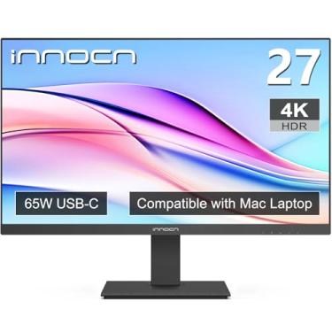 Imagem de Monitor de computador 4K INNOCN 27” UHD 3840 x 2160 LCD IPS, HDR400, USB-C 65W, DP, HDMI, para laptop, Mac, mais de 1,07 bi de cores, alto-falantes embutidos, suporte ajustável de pivô/altura, preto