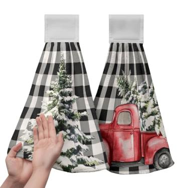 Imagem de Toalhas de cozinha suspensas de Natal Inverno Buffalo Xadrez Caminhão Vermelho Toalha de Mão Árvore de Natal com Laço para Pendurar Preto e Branco Xadrez Toalhas de Prato de Natal Toalha de Lavagem de