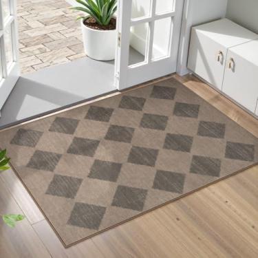 Imagem de Lahome Tapetes de cozinha marrons laváveis quadriculados 2x3 antiderrapantes, tapete de porta interno impresso pequeno para entrada, treliça marroquina, tapete ultrafino para decoração de entrada de