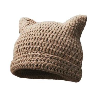 Imagem de Gorro Feminino De Inverno Listrado Com Orelhas De Gato, Estilo Coreano