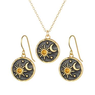 Imagem de Dreuyet Conjunto de brincos e colar vintage de sol e lua para mulheres boho antigo sol crytal lua pingente brincos colar exclusivo feito à mão com moeda redonda celestial presentes, Middle, Liga de