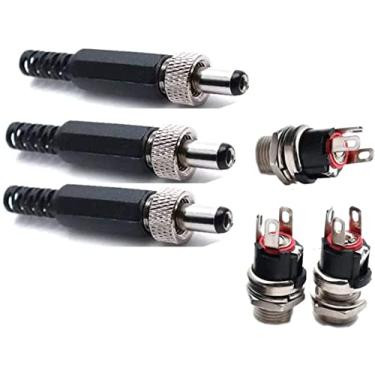 Imagem de Plugue de alimentação macho CC de 2,5 mm x 5,5 mm, conector de tomada de solda de 3 pinos e adaptador de montagem de soquete de painel fêmea de bloqueio de parafuso, conjuntos de 3