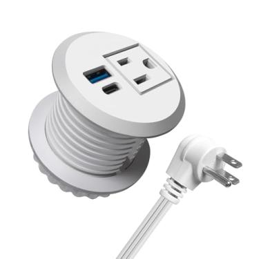 Imagem de Ilhós de energia de mesa de 5 cm com USB-C de 20 W, tomada de mesa embutida de carga rápida para móveis de mesa de cabeceira de bancada de conferência, cabo de extensão de 1,8 m, plugue plano de 45°