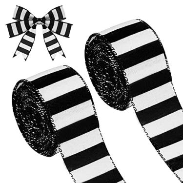 Imagem de 20 jardas 2 rolos de fita listrada de Natal preto e branco fitas decorativas listradas horizontais de Natal para árvore de Natal, embrulho de outono, decoração de artesanato faça você mesmo (3,8 cm de
