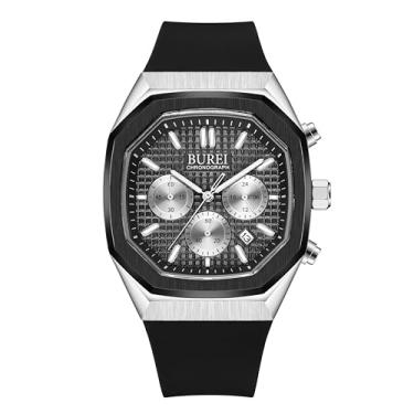 Imagem de BUREI Relógio masculino, mostrador de ponteiro multifuncional, pulseira de silicone, calendário, quartzo, impermeável, moderno, relógio masculino