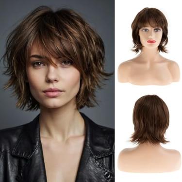 Imagem de Sallcks Peruca feminina curta marrom em camadas bob aparência natural cosplay fantasia peruca sintética para uso diário em festas