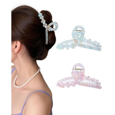 Imagem de HOKEMP Clipes de cabelo grandes para mulheres, pacote com 2 clipes de garra de flor 3D de acrílico sereia para cabelo fino e grosso acessórios de cabelo (azul escuro + rosa)