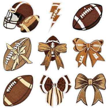 Imagem de 9 peças de adesivos de futebol de rúgbi, aplique esportivo bordado, ferro/costurado no capacete de futebol com laço, adesivos de dia de jogo para roupas, chapéu, bolsa, jaqueta, camisa para