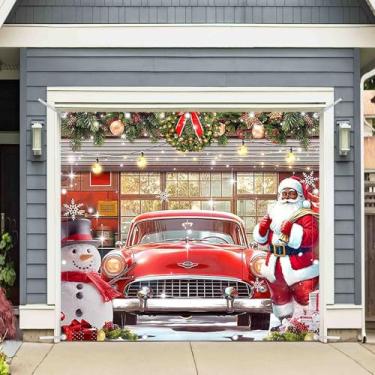 Imagem de ZTHMOE 1 peça 2,4 x 2,1 m decoração de bandeira de porta de garagem de Natal Papai Noel vintage caminhão vermelho inverno boneco de neve férias fotografia pano de fundo casa natal capa de parede