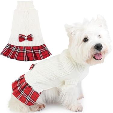 Imagem de Suéter de cachorro para cães pequenos com laço e saia xadrez suéter macio para cães com furo de coleira roupas para animais de estimação no inverno pulôver quente grosso para animais de estimação