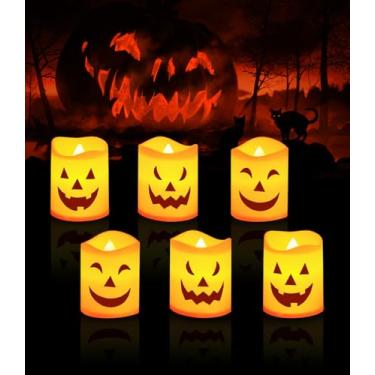Imagem de Miedecdel Luzes de abóbora de Halloween, velas sem chama, funciona a pilhas, LED cintilante, velas de tealights de outono, velas assustadoras, decoração de Halloween para ambientes internos (candles)