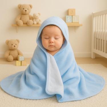 Imagem de Toalha Capuz Bebê Menino e Menina 100% Algodão Forrada Com Fralda Colorida Macia e Confortável (Azul)