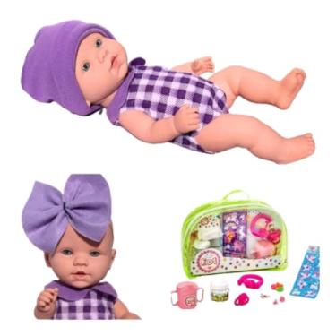 Imagem de Boneca Bebe reborn pequena lilas Kit Passeio Picnic bolsa Fralda chocalho Brinquedo