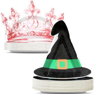 Imagem de Conjunto de 50 peças de suprimentos de festa rosa e verde coroa chapéu de bruxa pratos de papel em forma de princesa pratos de bruxa prato de papel descartável para mulheres, meninas, festas