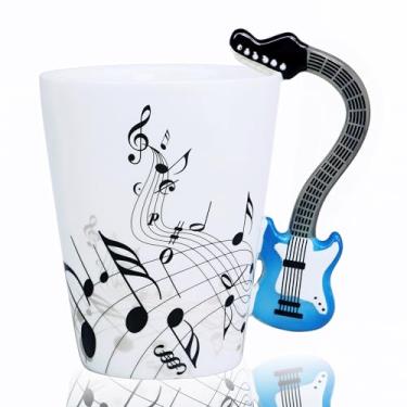 Imagem de LanHong Caneca de guitarra Caneca de café presente para guitarristas músico - Presentes de copo de guitarra de 382 g para amantes de música - Canecas de café de música, presentes de aniversário e