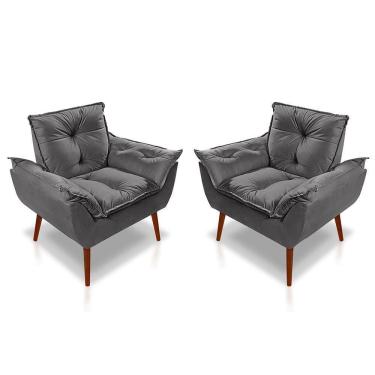 Imagem de Kit 02 Poltrona Opala Decorativa Suede Cinza Escuro