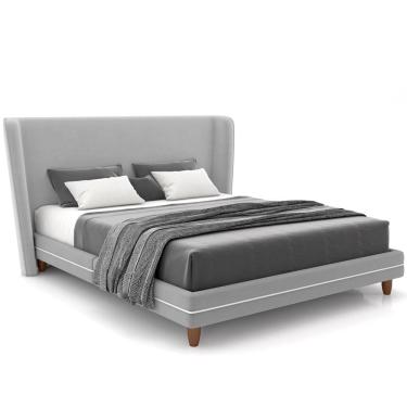 Imagem de Cabeceira Casal Nilo 195cm Com Cama Pés Madeira Suném P05 Veludo Cinza - Lyam Decor
