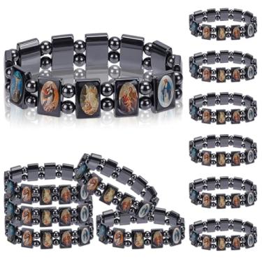 Imagem de WEBEEDY 12 pulseiras de hematita ajustável, pulseiras elásticas de hematita preta com ícones de santos para eventos da igreja, presentes de decoração de Natal (diâmetro mínimo de 9,3 cm)