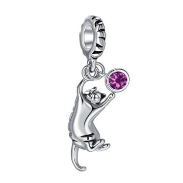 Imagem de MiiFort Pingente de gato malhado para brincar compatível com pulseiras Pandora com pedras de nascimento roxas de fevereiro, gengibre, gatos, amantes, mulheres, aniversário