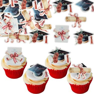 Imagem de Gyufise 48Pcs Edible 2025 Graduation Cap Cupcake Toppers Diploma Party Decorations Class of 2025 Grad Cap Cupcake Picks for 2025 Graduate Theme Party Cake Food Supplies Red