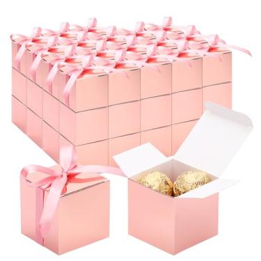 Imagem de EUSOAR Caixas de doces para lembrancinhas de festa, 60 peças, 5 x 5 x 5 cm, caixa de doces de casamento com fitas, mini caixa de biscoitos de padaria, recipientes quadrados de chocolate para decoração