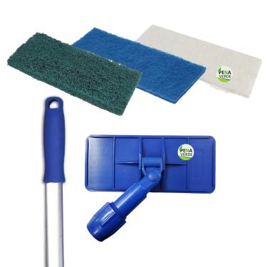 Imagem de Kit Conjunto LT Limpa Tudo + 1 Cabo de Alumínio 140 cm + 1 Fibra Pesada Verde + 1 Branca Vidros + 1 Azul Para Inox