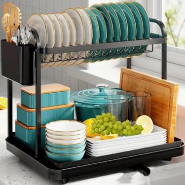 Imagem de KLEMING| Escorredor de Louças de Aço Carbono Inoxidável, Resistente à Ferrugem, Escorredor de Pratos, para Bancada de Cozinha com Bandeja Drenagem automática, Preto.