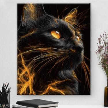 Imagem de Pôster de arte de parede em tela estética de gato e animal preto e dourado - decoração de parede em ouro preto para sala de estar quarto dormitório 20 x 25 cm emoldurado