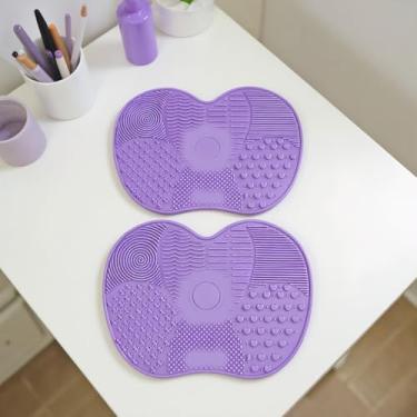 Imagem de 2 peças de almofadas de limpeza de silicone, em forma de maçã, escova reutilizável e tapete de limpeza de ferramentas com ventosa para pincéis de maquiagem, utensílios de cozinha, uso doméstico (roxo)