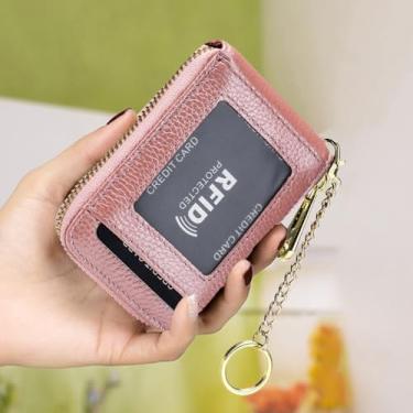 Imagem de Porta-cartões de crédito de couro, carteira com zíper, porta-chaves, porta-chaves, carteira com bloqueio de RFID para homens e mulheres, rosa, Elegante