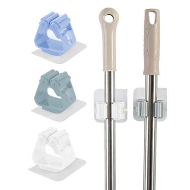 Imagem de Suporte de vassoura de esfregão autoadesivo, reutilizável, montado na parede, sem perfuração, suporte para cozinha, banheiro, jardim, lavanderia, porta, guarda-roupa, garagem, banheiro, verde, azul