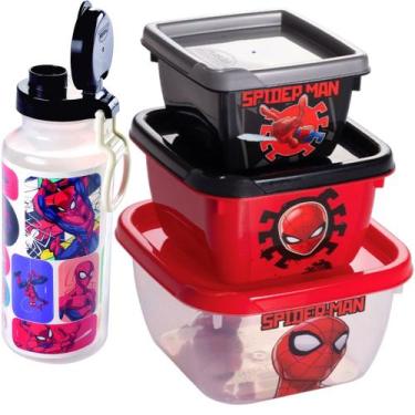 Imagem de Kit Homem Aranha Porta Lanche Infantil Garrafa Potes - Plasutil