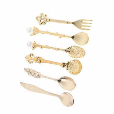 Imagem de Zerodis Jardinagem Doméstica Talheres de Cozinha Talheres de 6 Peças Inclui 5 Colheres 1 Garfo Perfeito para Restaurantes Casamentos Conjunto de Colher de café Dourado Elegante de Cozinha Vintage