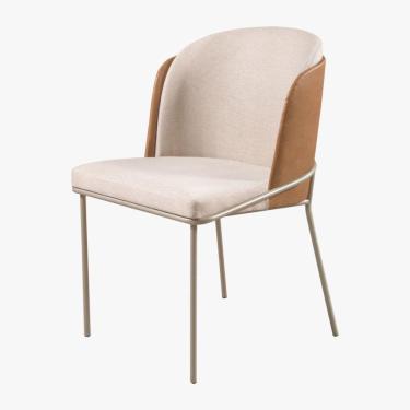 Imagem de Cadeira Aurora Em Linho Bege E Couro Marrom Pés Em Metal Champanhe