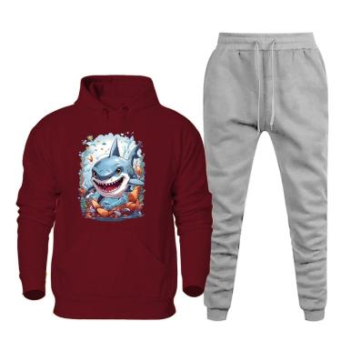 Imagem de Conjunto Moletom Canguru Estampa Tubarao Plus Size Masculino Confortavel