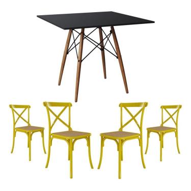 Imagem de Conjunto De Mesa Eiffel Quadrado Tampo De Madeira 90Cm Preto Com 4 Cadeiras Katrina Amarela Assento